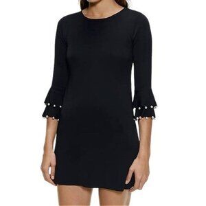 New Zara Black Faux Pearls Ruffle Sleeve Knit Mini Dress